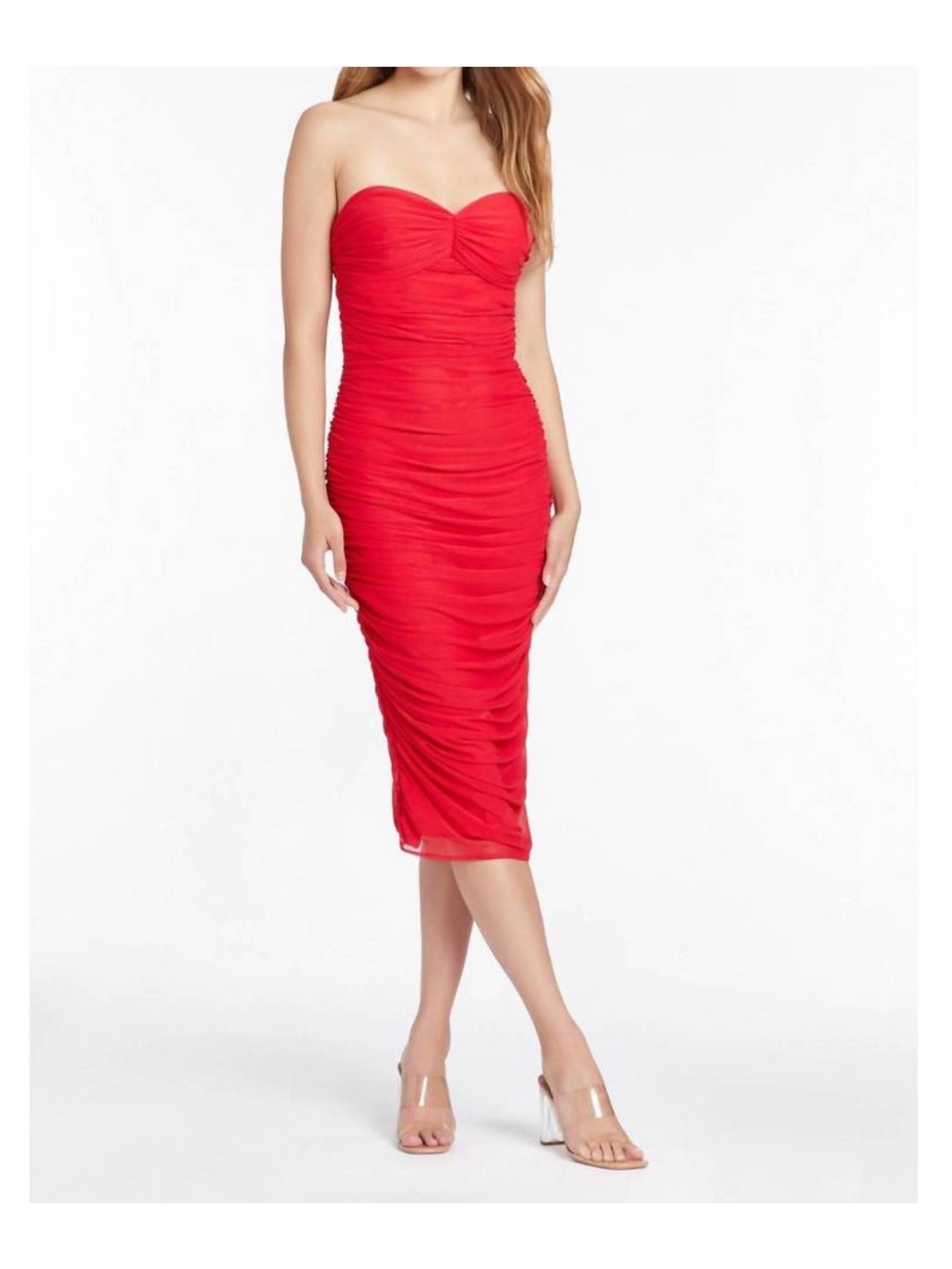 Amanda Uprichard Strapless Ruched Midi Dress in Red